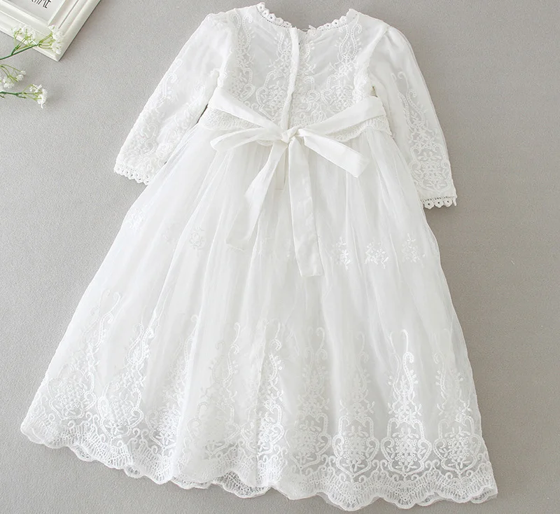 Baby Girls Baptism Dress Cute Solid White Embroidery Wedding Birthday Party Vestido with Hat for Toddler Infant Christening Gown