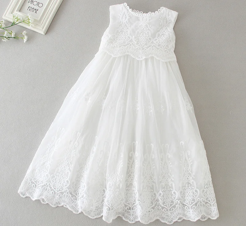 Baby Girls Baptism Dress Cute Solid White Embroidery Wedding Birthday Party Vestido with Hat for Toddler Infant Christening Gown