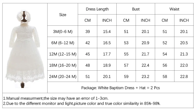 Baby Girls Baptism Dress Cute Solid White Embroidery Wedding Birthday Party Vestido with Hat for Toddler Infant Christening Gown