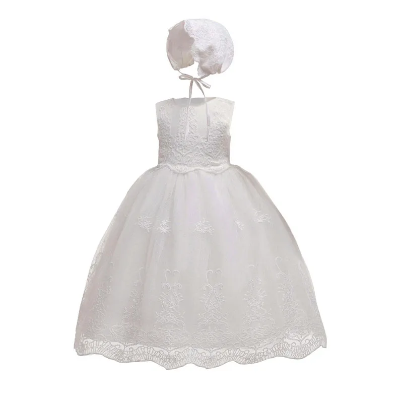 Baby Girls Baptism Dress Cute Solid White Embroidery Wedding Birthday Party Vestido with Hat for Toddler Infant Christening Gown