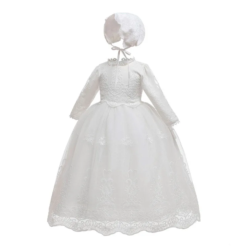 Baby Girls Baptism Dress Cute Solid White Embroidery Wedding Birthday Party Vestido with Hat for Toddler Infant Christening Gown