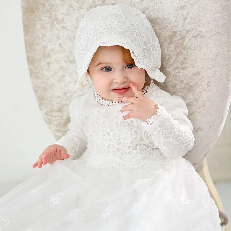 Baby Girls Baptism Dress Cute Solid White Embroidery Wedding Birthday Party Vestido with Hat for Toddler Infant Christening Gown