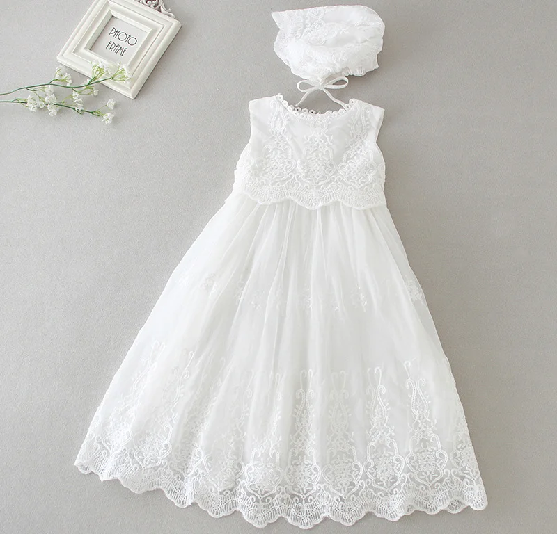 Baby Girls Baptism Dress Cute Solid White Embroidery Wedding Birthday Party Vestido with Hat for Toddler Infant Christening Gown