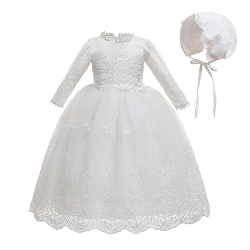 Baby Girls Baptism Dress Cute Solid White Embroidery Wedding Birthday Party Vestido with Hat for Toddler Infant Christening Gown