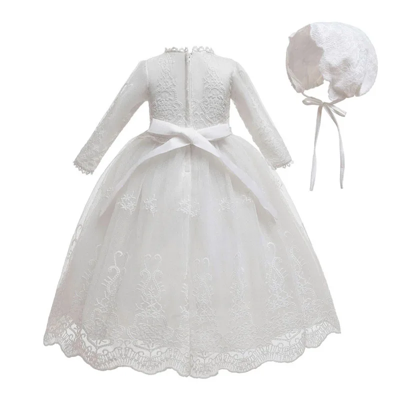 Baby Girls Baptism Dress Cute Solid White Embroidery Wedding Birthday Party Vestido with Hat for Toddler Infant Christening Gown