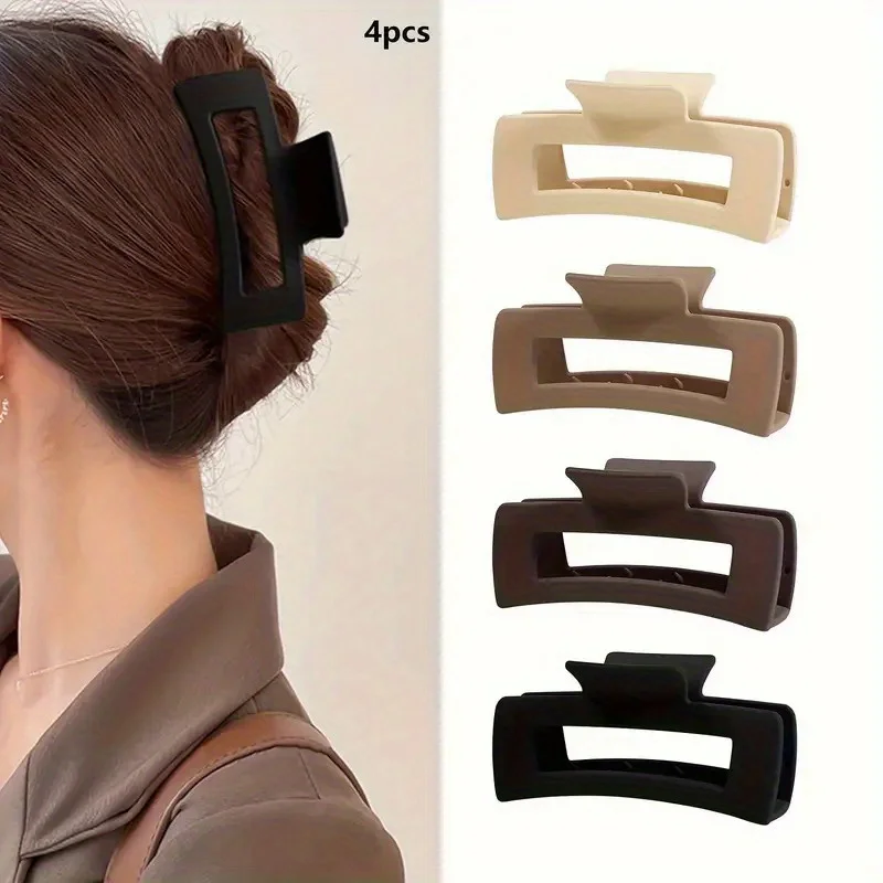 4pcs Elegant Solid Color Hollow Out Hair Claw Clips Large Rectangular Hair Grab Clips Non Slip Ponytail Holders For Women And Gi