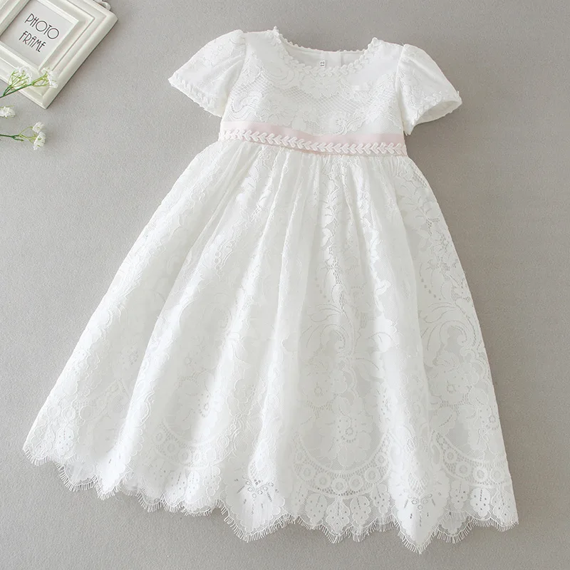 Hetiso White Infant Dress for Baptism Baby Girls Lace Dresses with hat Kids Clothes Christening Birthday Outfits 3-24 Month