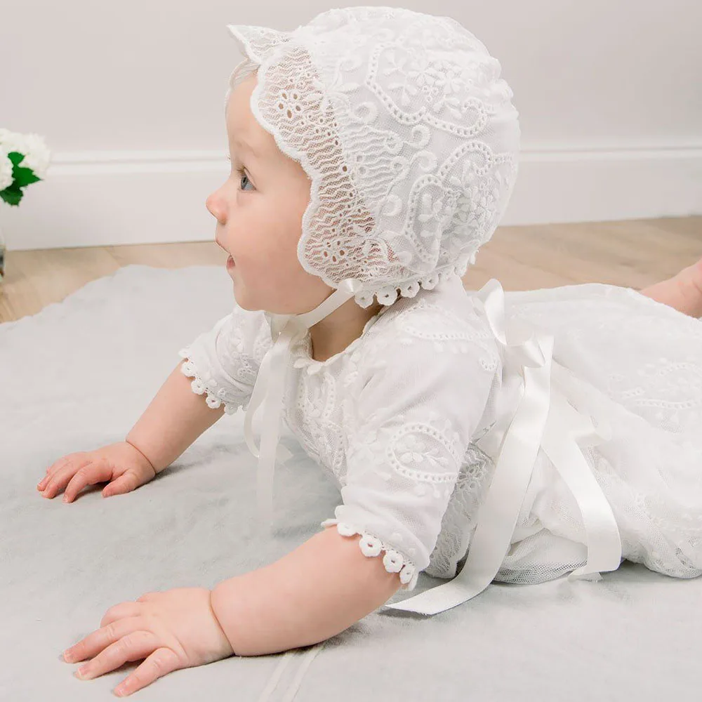 Hetiso White Infant Dress for Baptism Baby Girls Lace Dresses with hat Kids Clothes Christening Birthday Outfits 3-24 Month