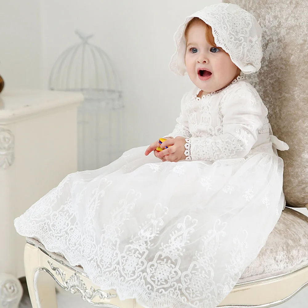 Hetiso White Infant Dress for Baptism Baby Girls Lace Dresses with hat Kids Clothes Christening Birthday Outfits 3-24 Month