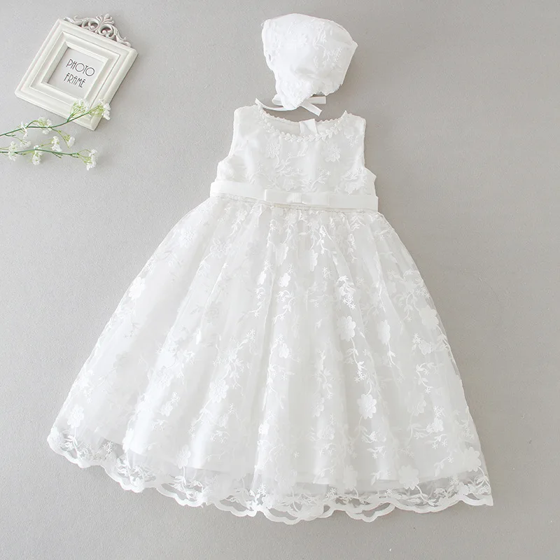 Hetiso White Infant Dress for Baptism Baby Girls Lace Dresses with hat Kids Clothes Christening Birthday Outfits 3-24 Month