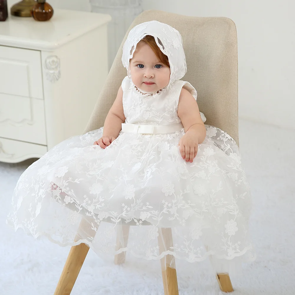 Hetiso White Infant Dress for Baptism Baby Girls Lace Dresses with hat Kids Clothes Christening Birthday Outfits 3-24 Month