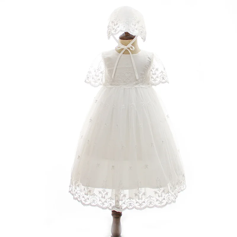 Hetiso White Infant Dress for Baptism Baby Girls Lace Dresses with hat Kids Clothes Christening Birthday Outfits 3-24 Month