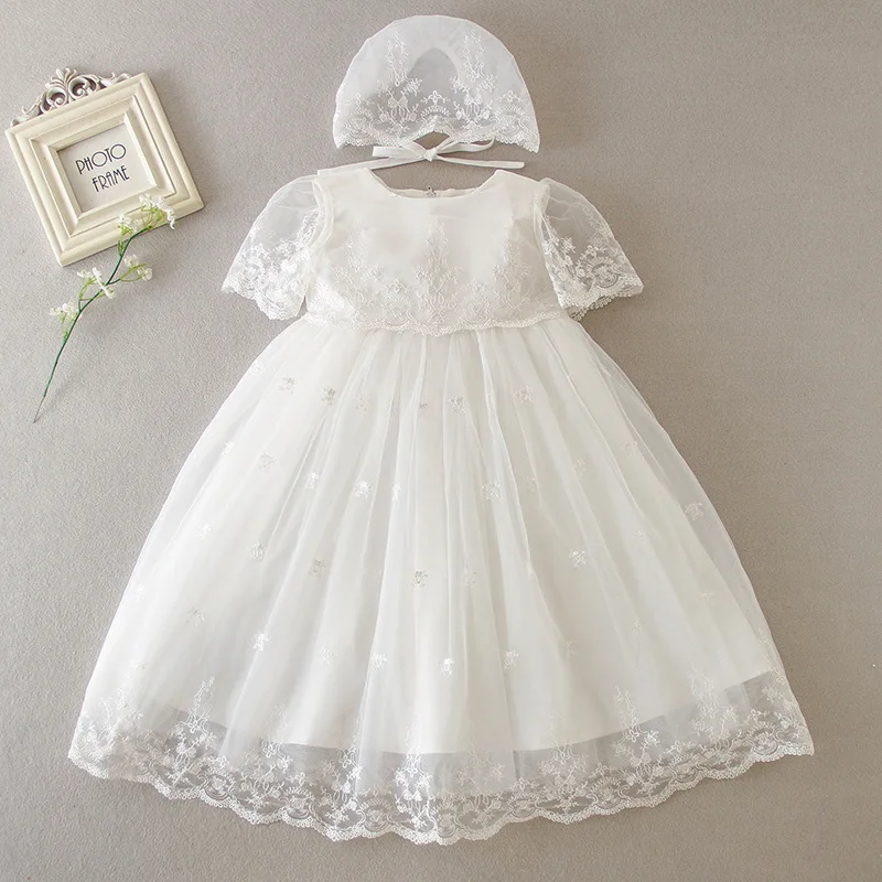 Hetiso White Infant Dress for Baptism Baby Girls Lace Dresses with hat Kids Clothes Christening Birthday Outfits 3-24 Month