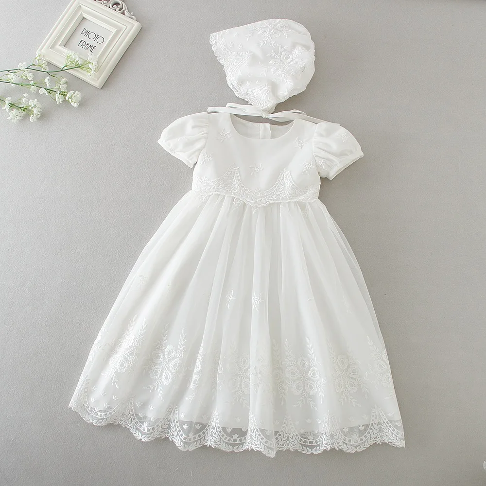 Hetiso White Infant Dress for Baptism Baby Girls Lace Dresses with hat Kids Clothes Christening Birthday Outfits 3-24 Month