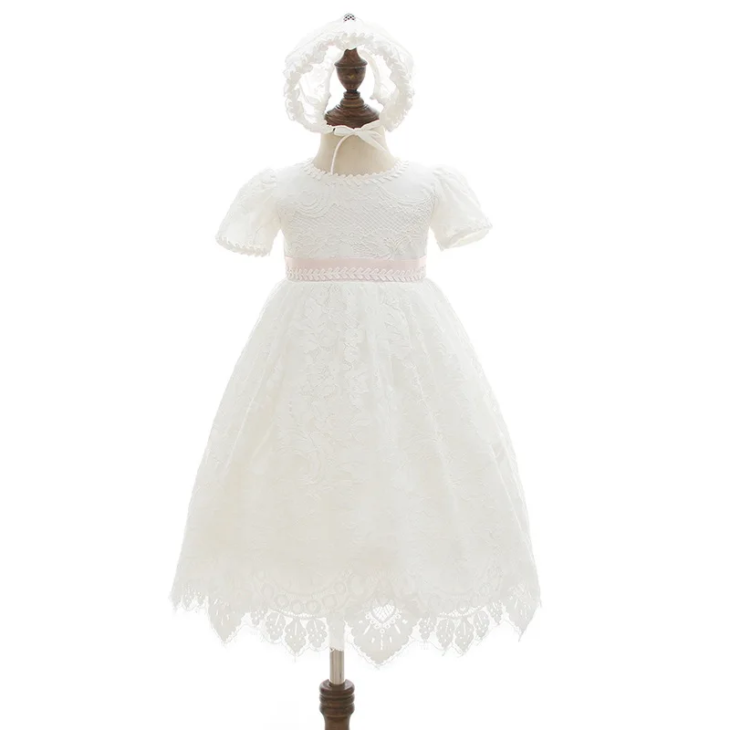 Hetiso White Infant Dress for Baptism Baby Girls Lace Dresses with hat Kids Clothes Christening Birthday Outfits 3-24 Month