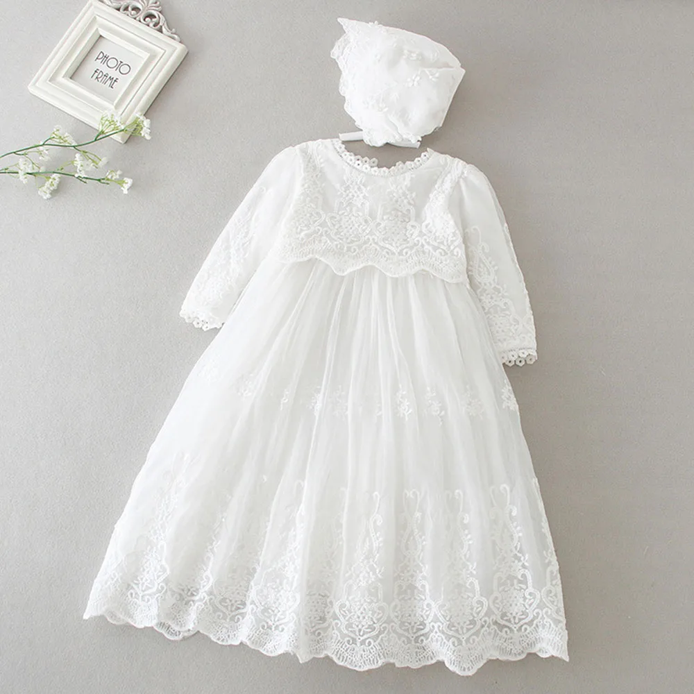 Hetiso White Infant Dress for Baptism Baby Girls Lace Dresses with hat Kids Clothes Christening Birthday Outfits 3-24 Month